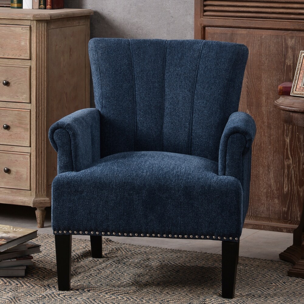 Polyester Accent Chair High Back Casual Sofa with Nailheads Modern Arm Chair Club Chairs with Rubber Wood Legs for Livingroom