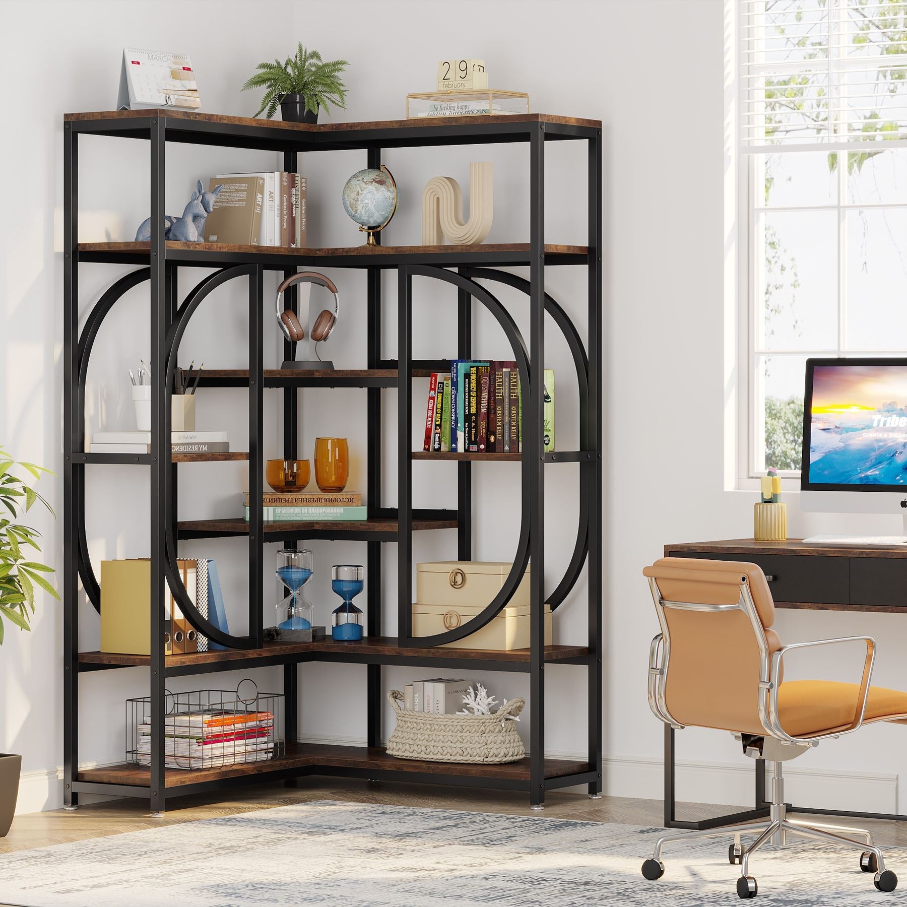 7-Shelf Corner Bookshelf, L-Shaped Bookcase Display Rack