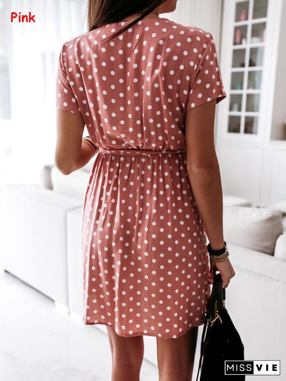 Summer V Neck Polka Dot Boho Dress Bohemian Women Beach Dress Fashion Short Sleeve Casual Mini Dress