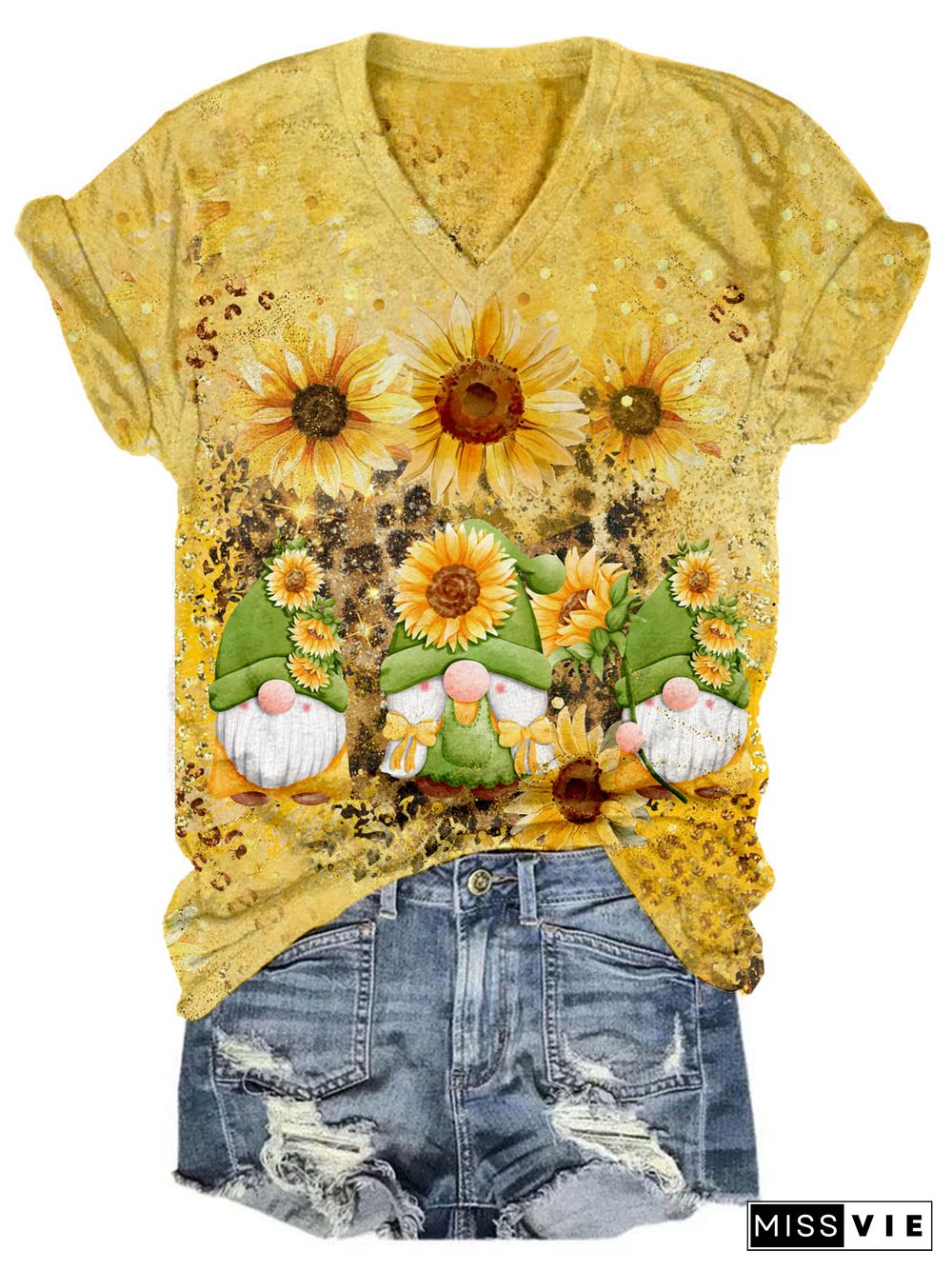 Sunflower Gnome Print V-Neck T-Shirt