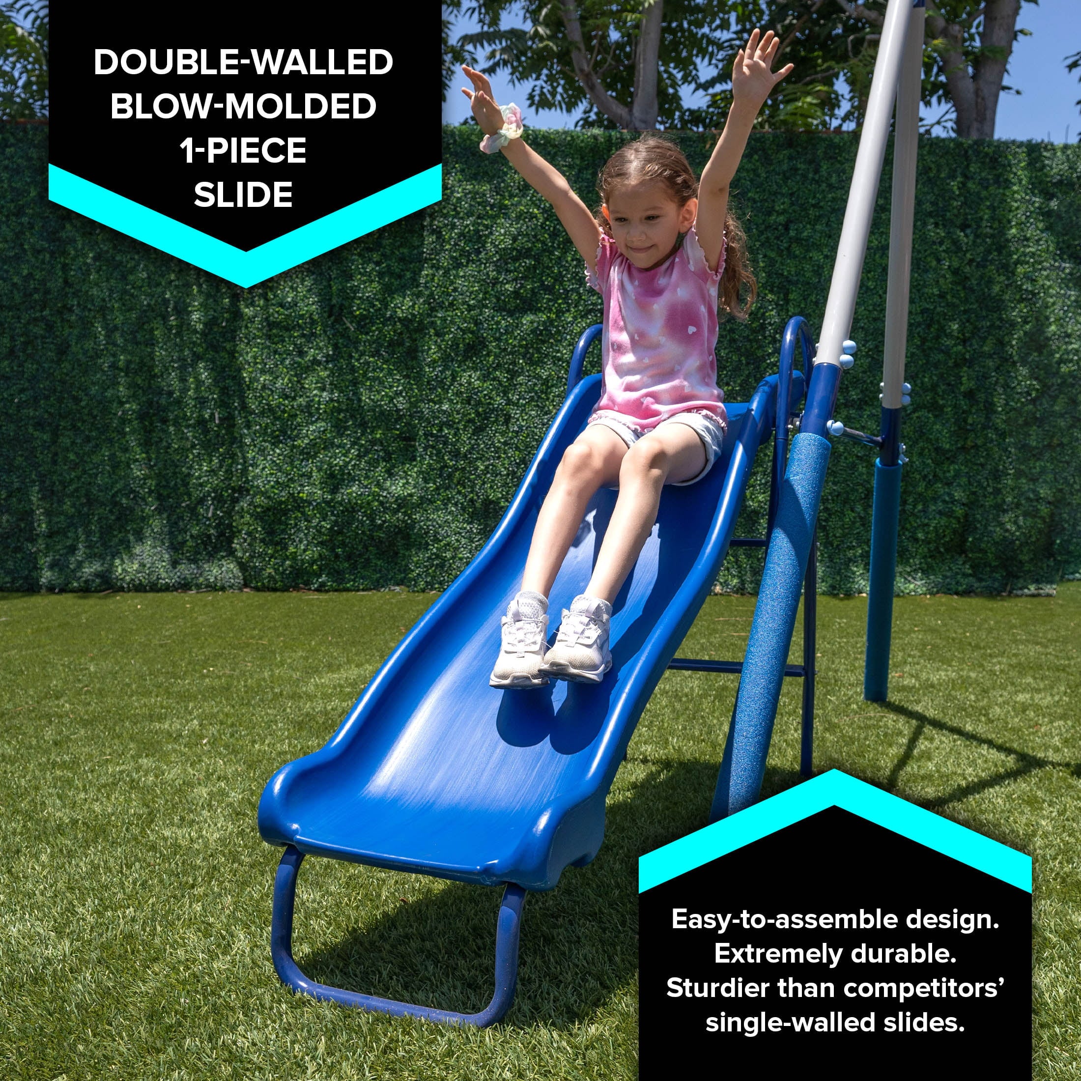 Sportspower Arcadia Metal Swing Set with 5ft Slide， Trapeze， 2 Person Glider Swing