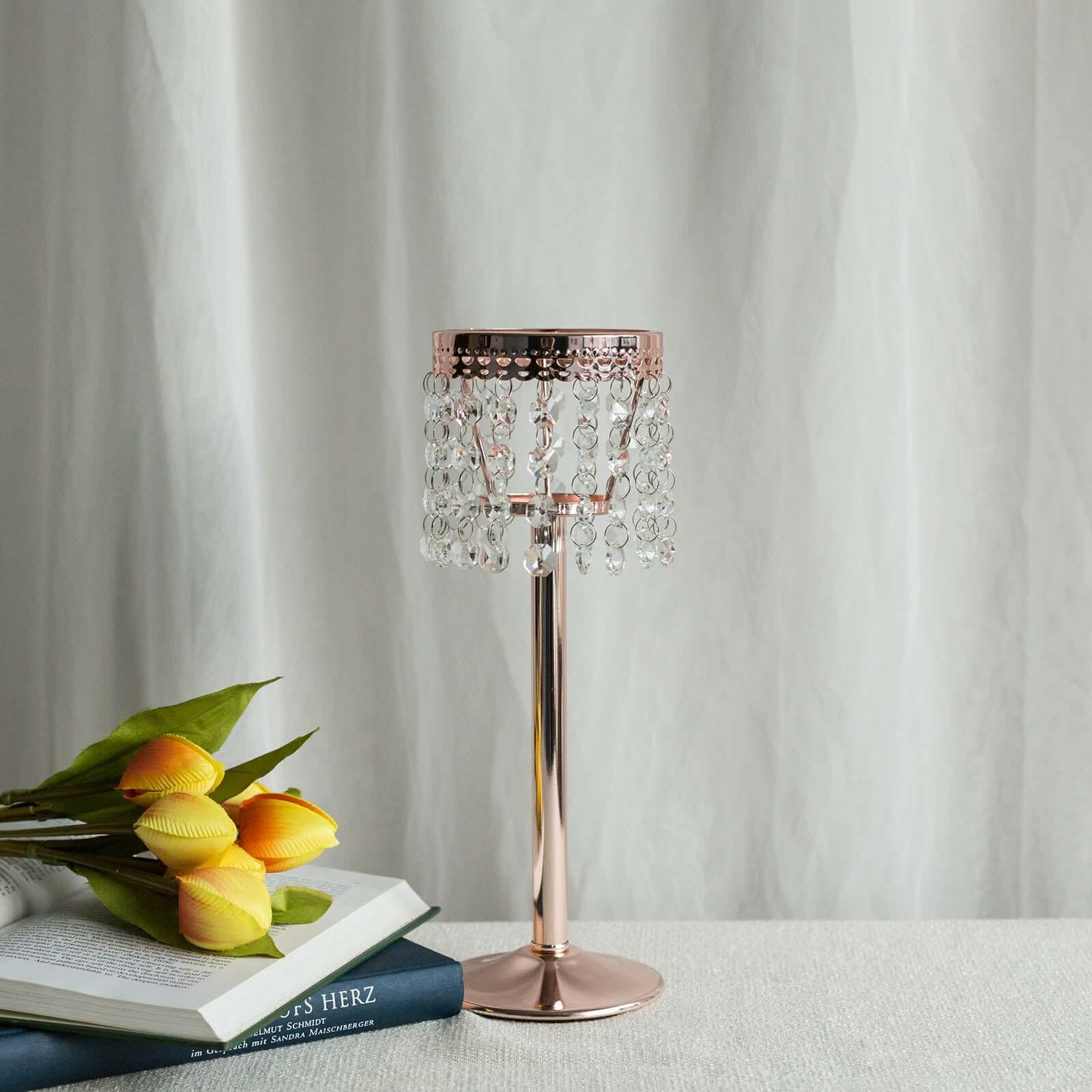 Rose Gold Crystal Beaded Chandelier Votive Pillar Candle Holder, Metal Tealight Candle Stand 12