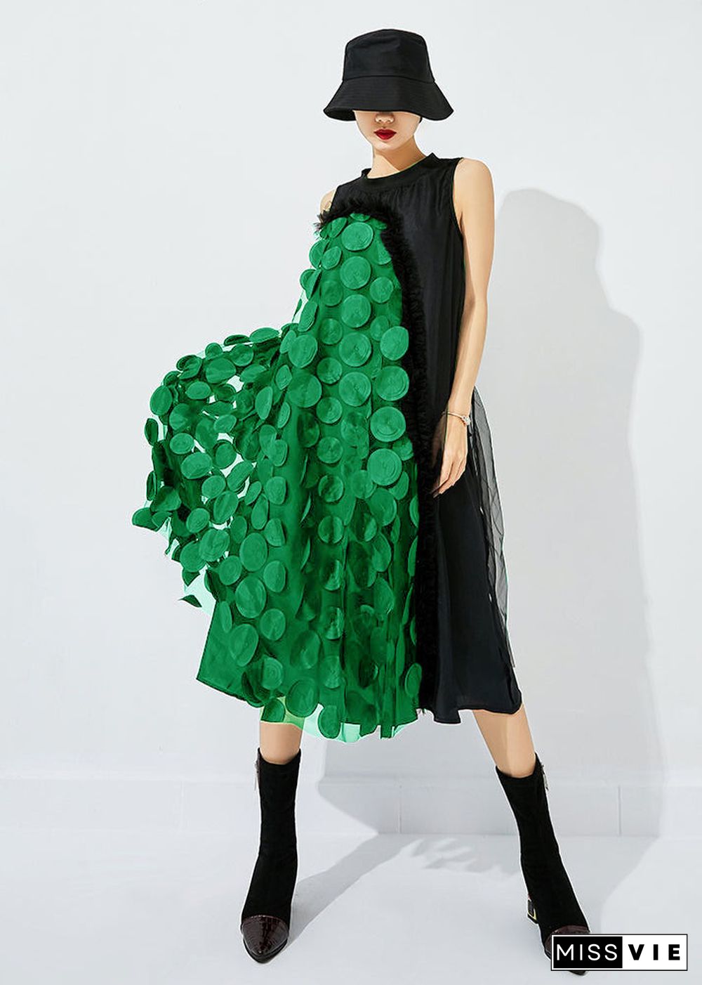 Bohemian Black-Green Dot Asymmetrical Patchwork Wrinkled Tulle Maxi Dress Sleeveless