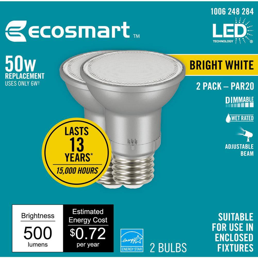 EcoSmart 50-Watt Equivalent PAR20 Dimmable Adjustable Beam Angle LED Light Bulb Bright White (2-Pack) A20PR2050WESD32