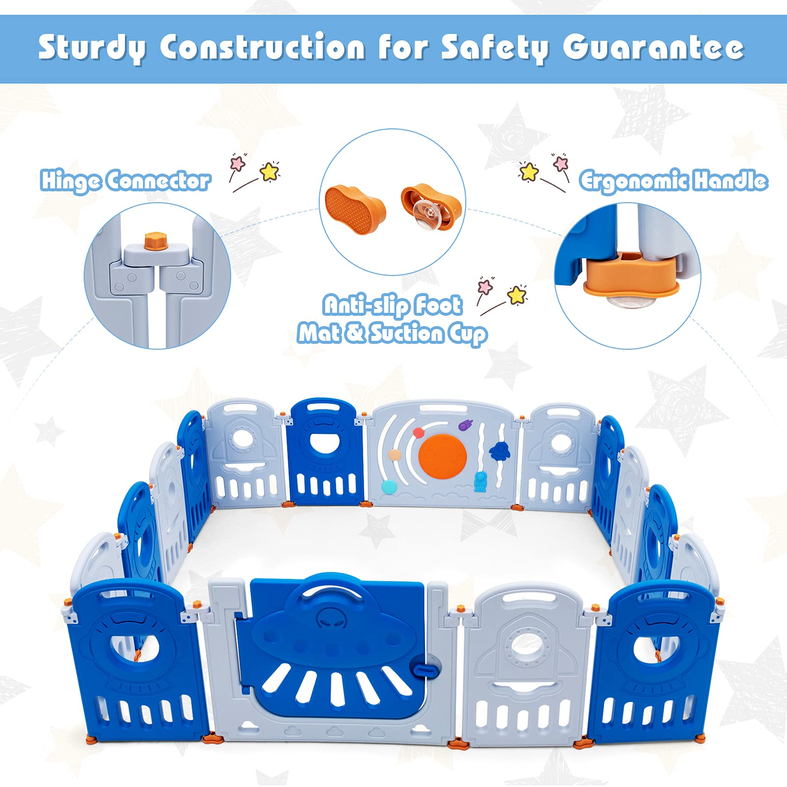 Costzon Baby Playpen - 16 Panel Foldable Thicken Baby Play Yards (Blue, 16-Panel)