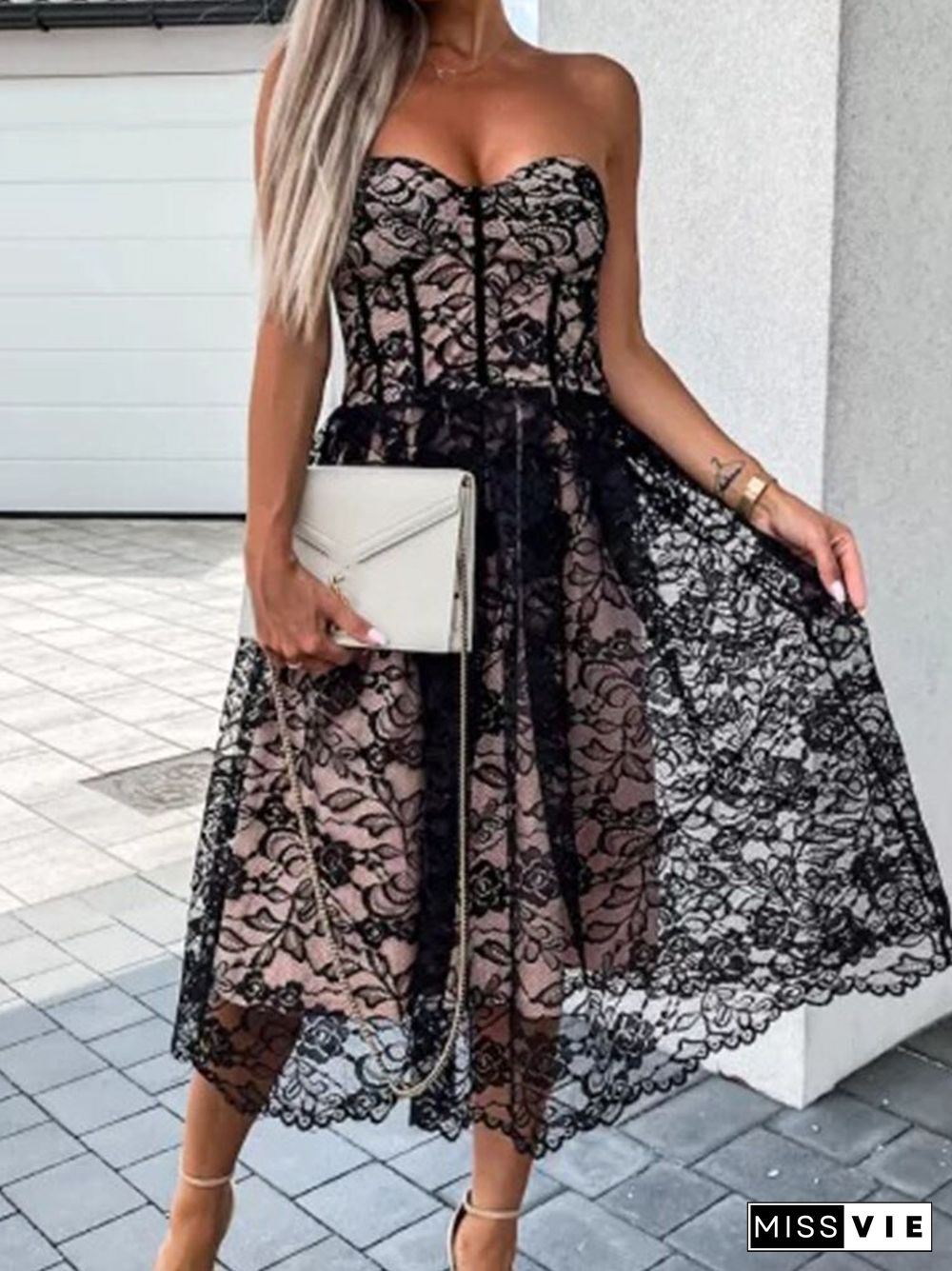 Elegant Floral Embroidery Lace Solid Long Dress Women Sexy Off Shoulder Strapless Waist Party Dress Fashion Backless Zip Dresses