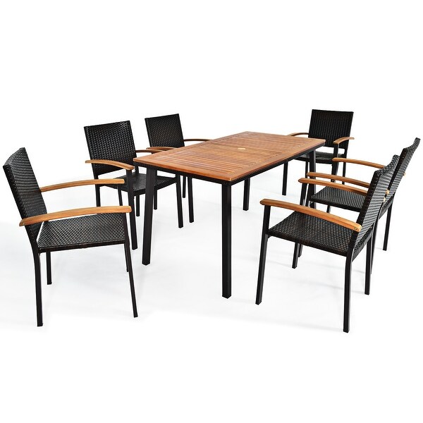 Costway 7 PCS Patio Rattan Dining Set Acacia Wood Table Top Stackable