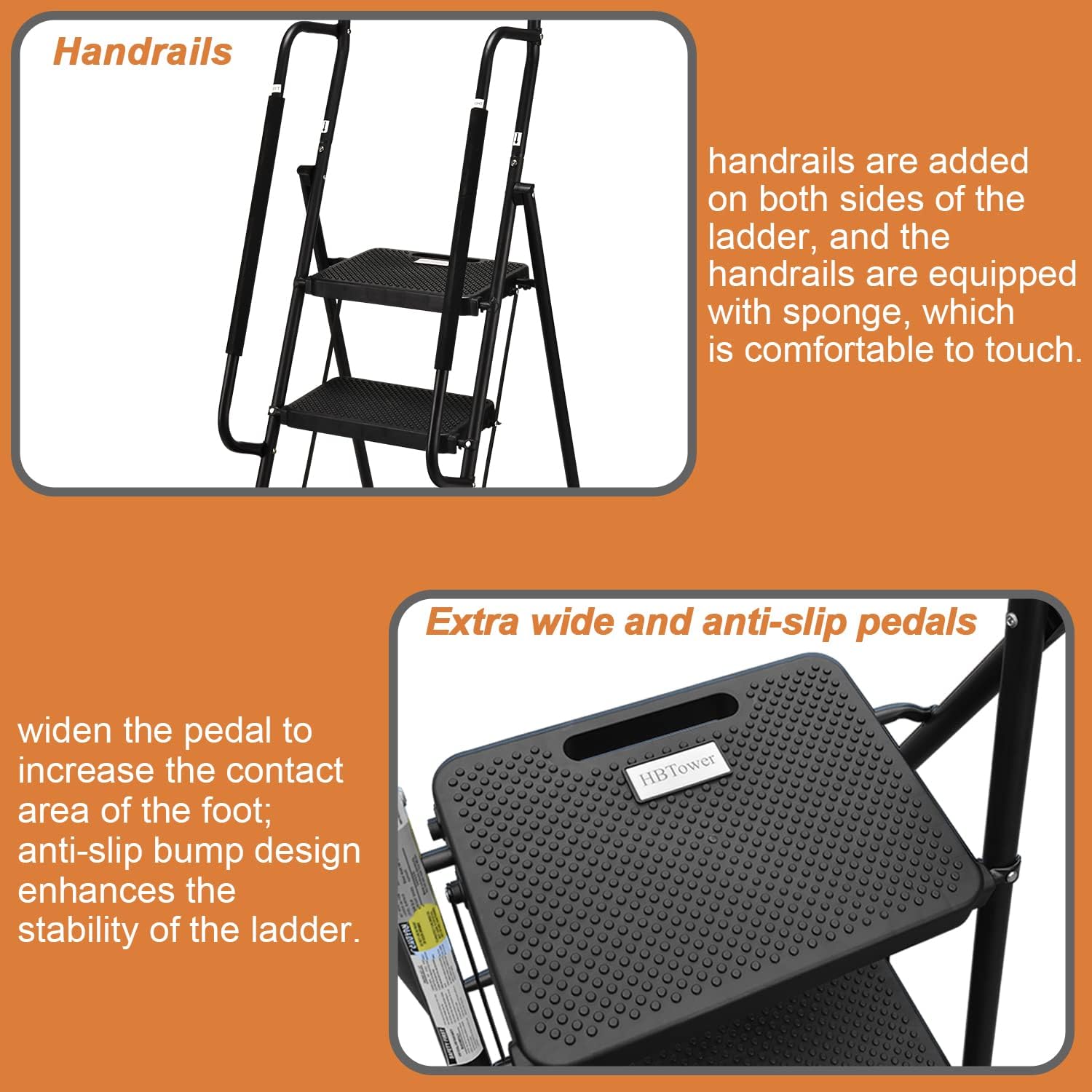 3 Step Ladder, Folding Step Stool with Wide Anti-Slip Pedal, 500lbs Sturdy Steel Ladder, Convenient Handgrip, Lightweight, Portable Steel Step Stool, Black