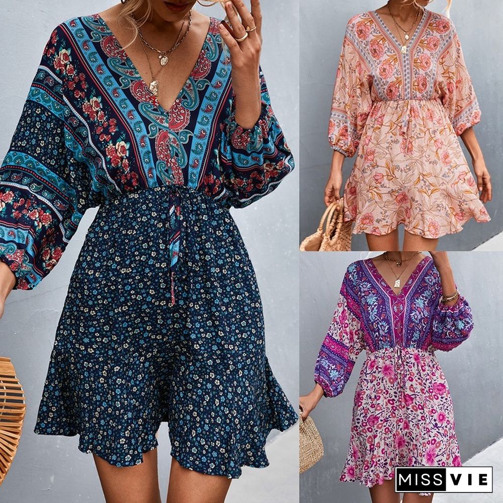 Vintage Floral Print Dress For Women Summer Dresses New Sexy Casual Loose Sweet V-Neck Lace-up High-Rise A-line Mini Dress