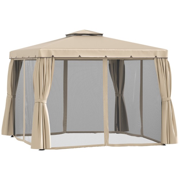 Outsunny 10 x27 X 10 x27 Patio Gazebo Outdoor Canopy Shelter With Double Vented Roof Netting And Curtains For Garden Lawn Backyard And Deck Khaki