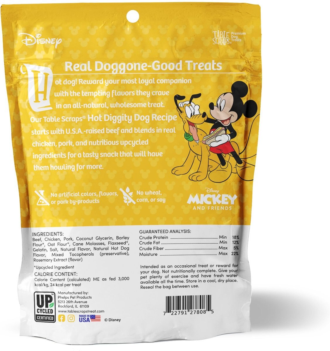 Disney Table Scraps Mickey Mouse Hot Diggity Dog Recipe Upcycled Jerky Dog Treats， 5-oz bag