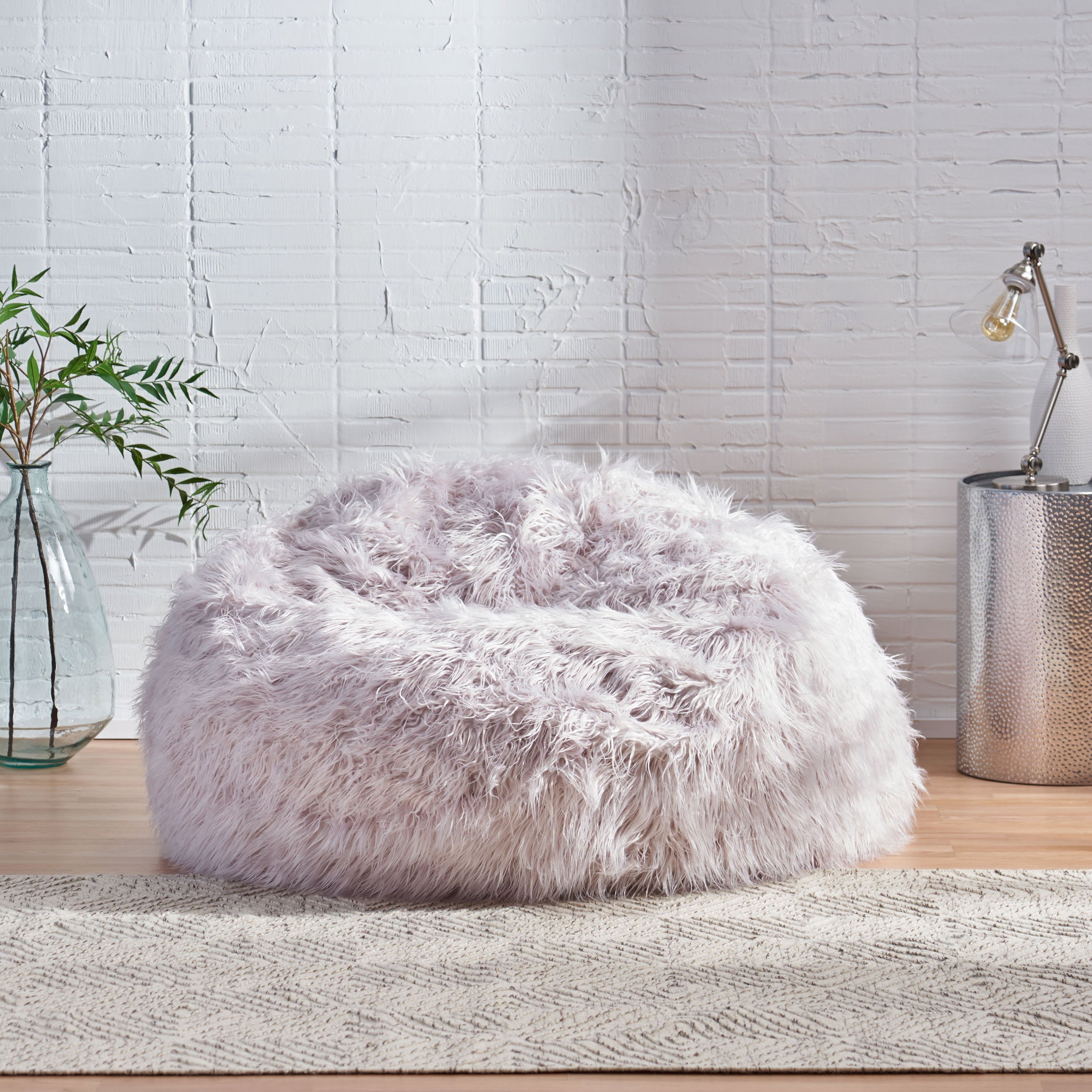 Noble House Rubani 5 ft Long Faux Fur Bean Bag Chair, Lavender