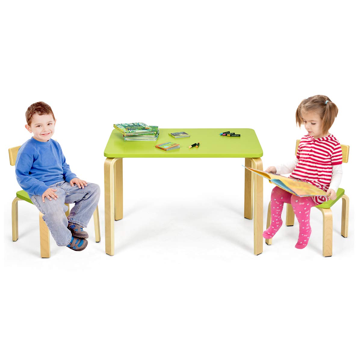 Costzon Kids Table and Chair Set, Wood Table and Chairs for Toddlers Reading, 3 Piece Furniture