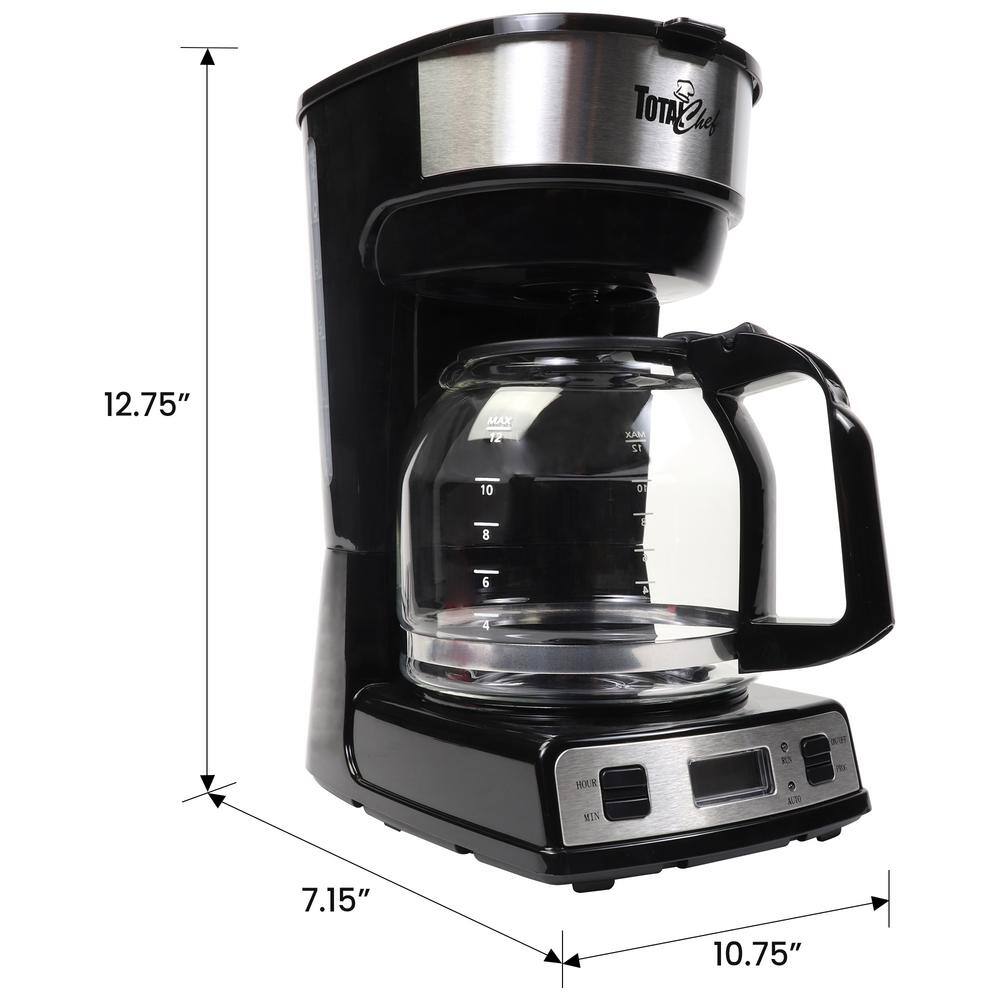 Total Chef 12-Cup Programmable Coffee Maker Stainless Steel Drip Coffee Machine Black and Silver TCCM06