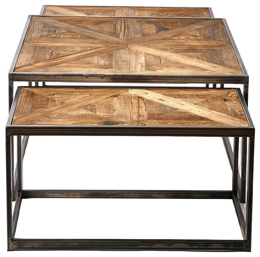 Oak Wood Coffee Table Set (3)  Rivi√®ra Maison Le Bar   Industrial   Coffee Table Sets   by Oroa   Distinctive Furniture  Houzz