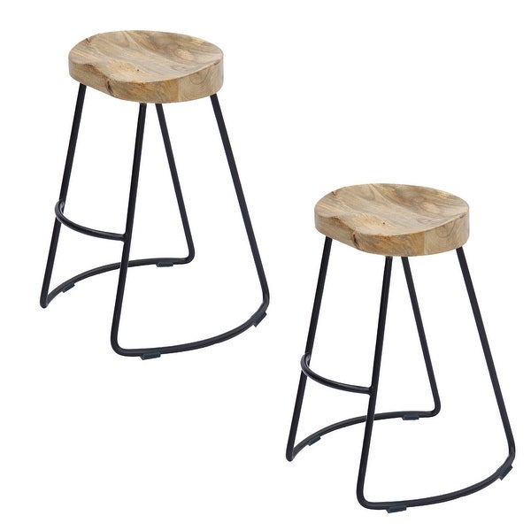 Ela 30 Inch Mango Wood Industrial Barstool， Saddle Seat， Iron Frame， Set of 2， Brown， Black