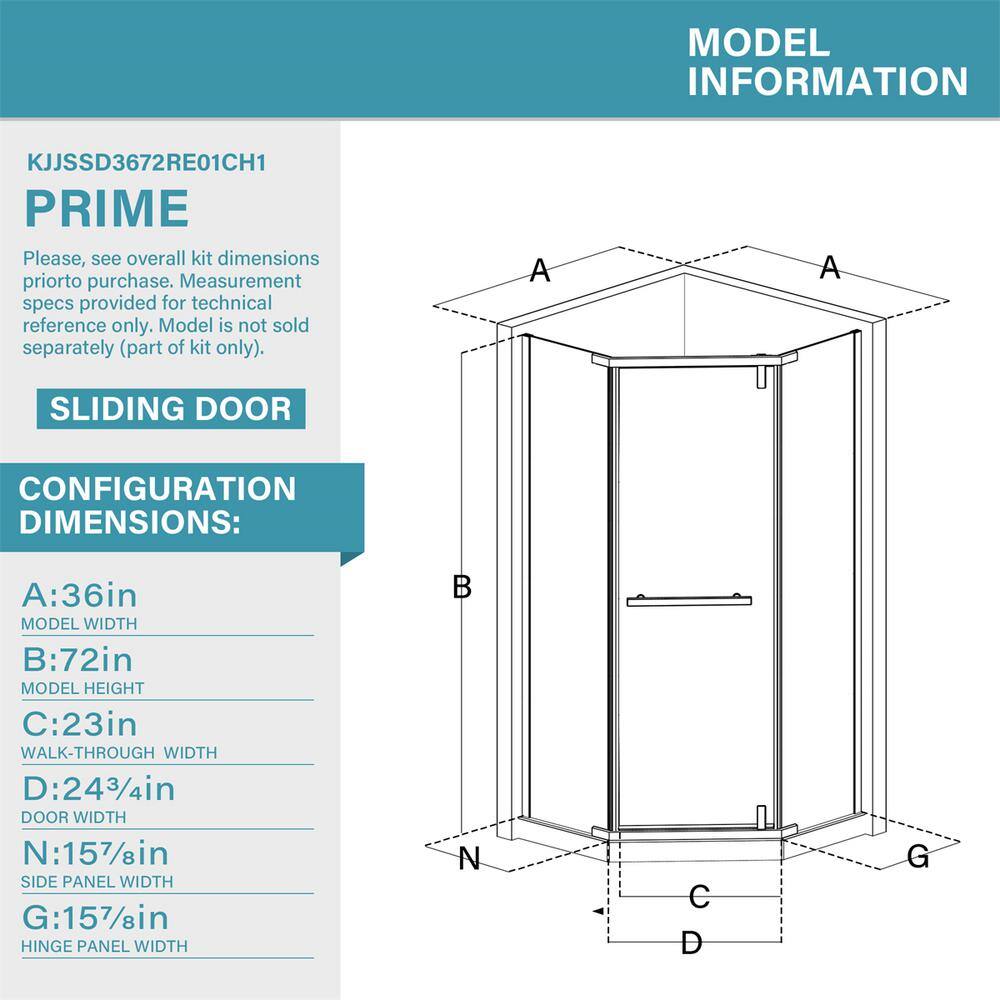 ES-DIY 36 in. W x 72 in. H Neo Angle Pivot Semi Frameless Corner Shower Enclosure in Chrome Without Shower Base KJJSSD3672RE01CH1