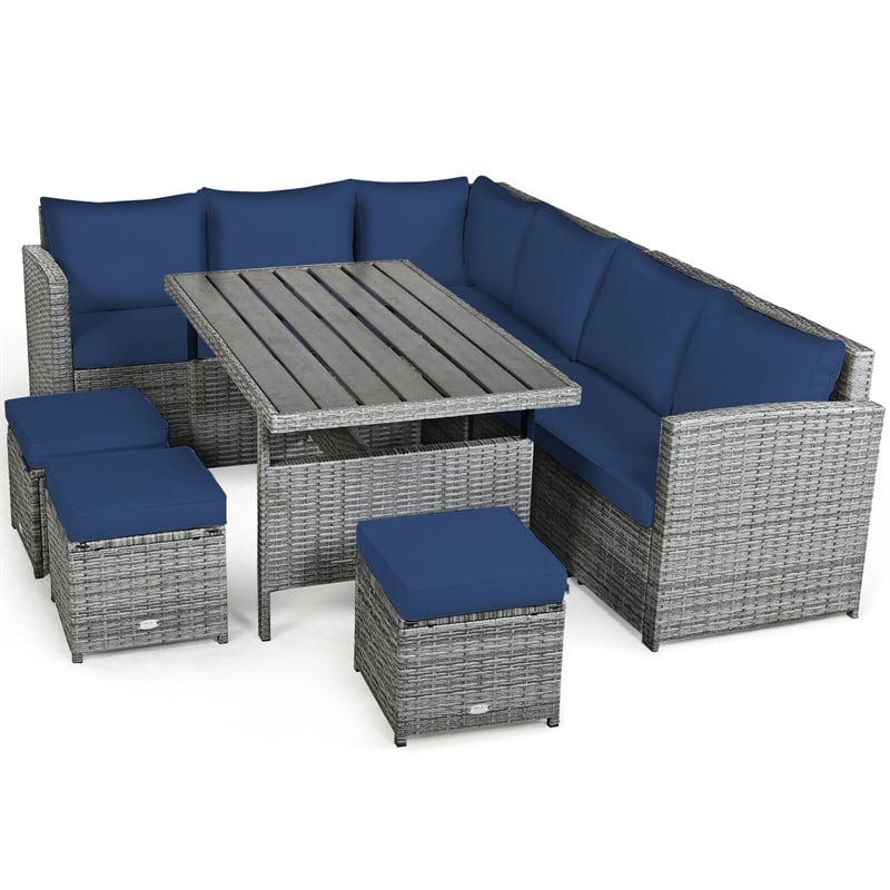 7 Pcs Rattan Patio Dining Furniture Sectional Sofa Set with Dining Table, Ottomans & Cushions