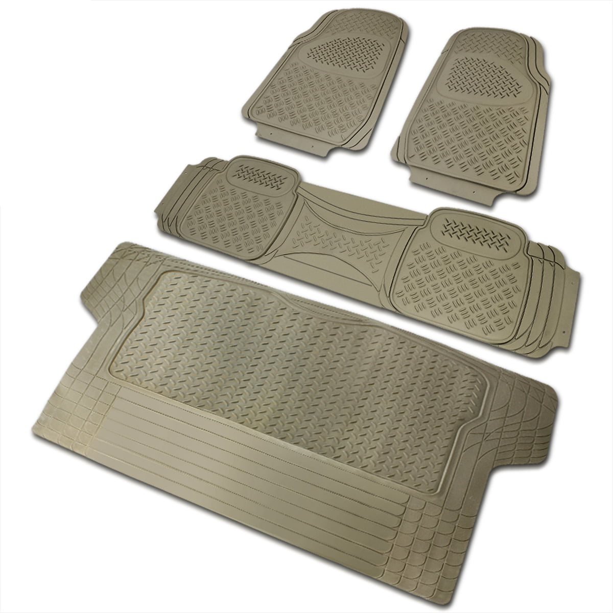 Spec-D Tuning Universal Fitment 4 Piece Beige Heavy Duty All Weather 3D Rubber Floor Mats Front + Rear + Trunk Truck SUV