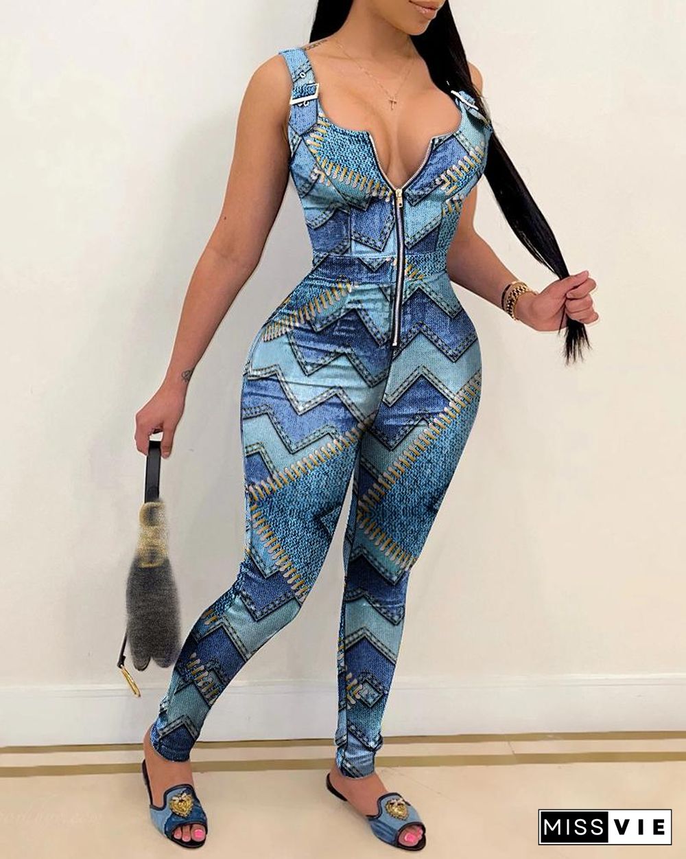 Zip Front Pattern Print Suspender Jumpsuit