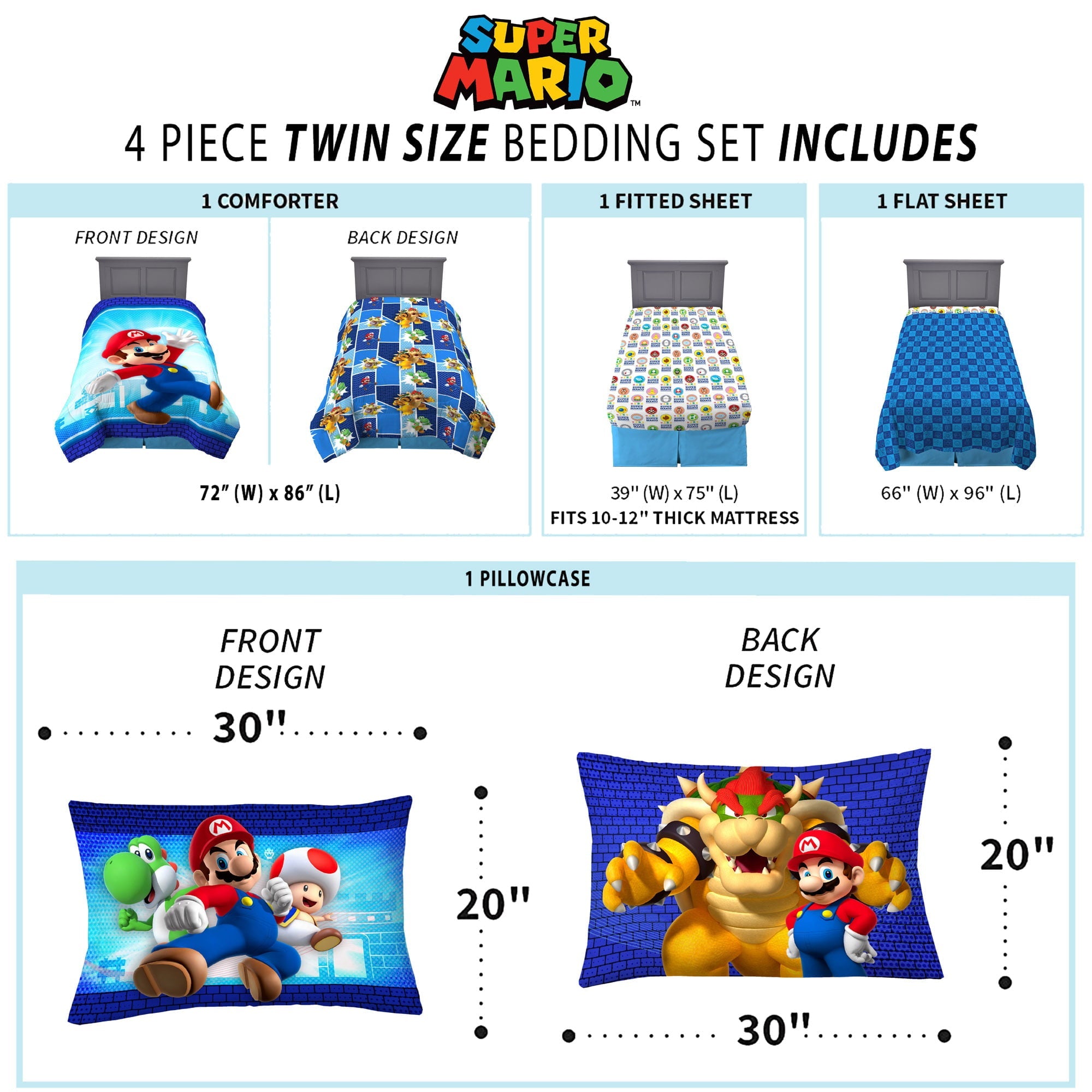 Super Mario Kids Twin Bed in a Bag, Gaming Bedding, Comforter and Sheets, Blue, 