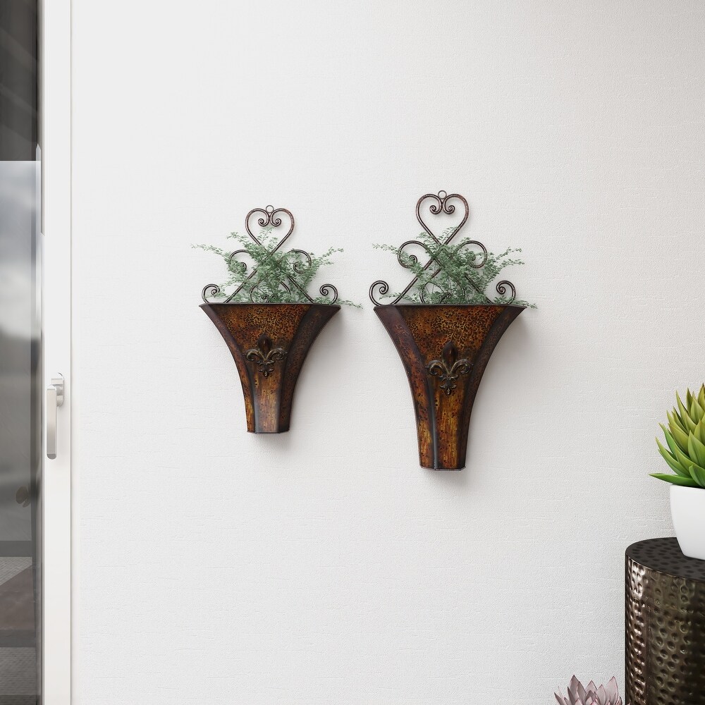 Brown Metal Indoor Outdoor Hanging Scroll Wall Planter (Set of 2)   S/2 22\