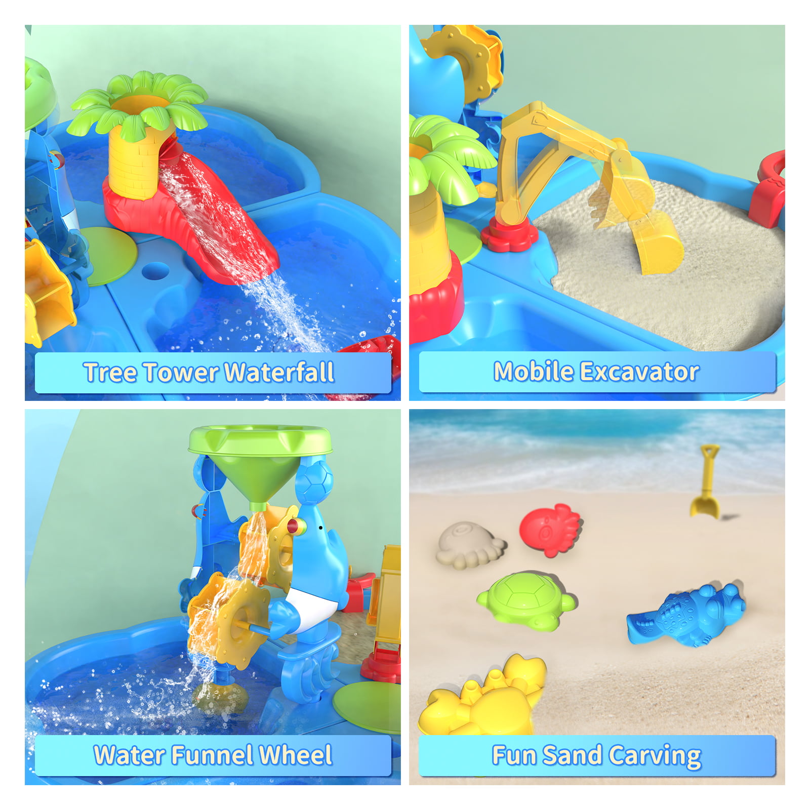 TEMI Sand Water Table for Toddlers， 4 in 1 Sand Table and Water Play Table， Kids Table Activity Sensory Play Table Beach Sand Water Toy for Outdoor Backyard for Toddlers Age 2-4 Gift