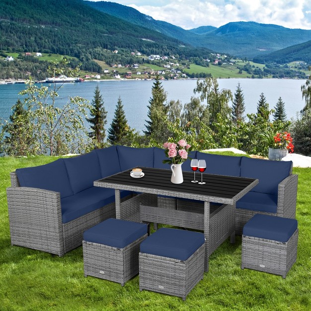 Tangkula Outdoor Wicker Coversation Set 7 Piece With Red turquoise white black navy gray Cushions