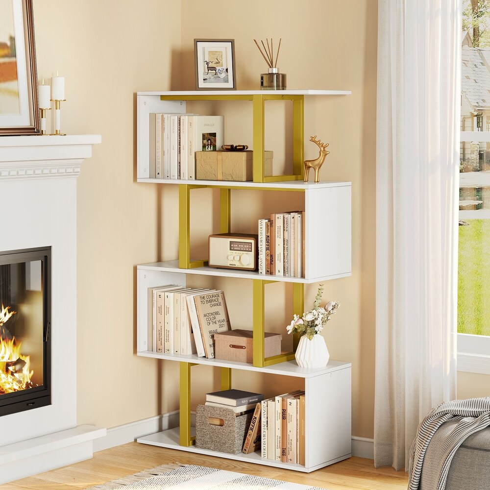 Hermoth Wood 5 Tier Bookshelf S Shaped Z Shelf Bookshelves and Bookcase Gold White