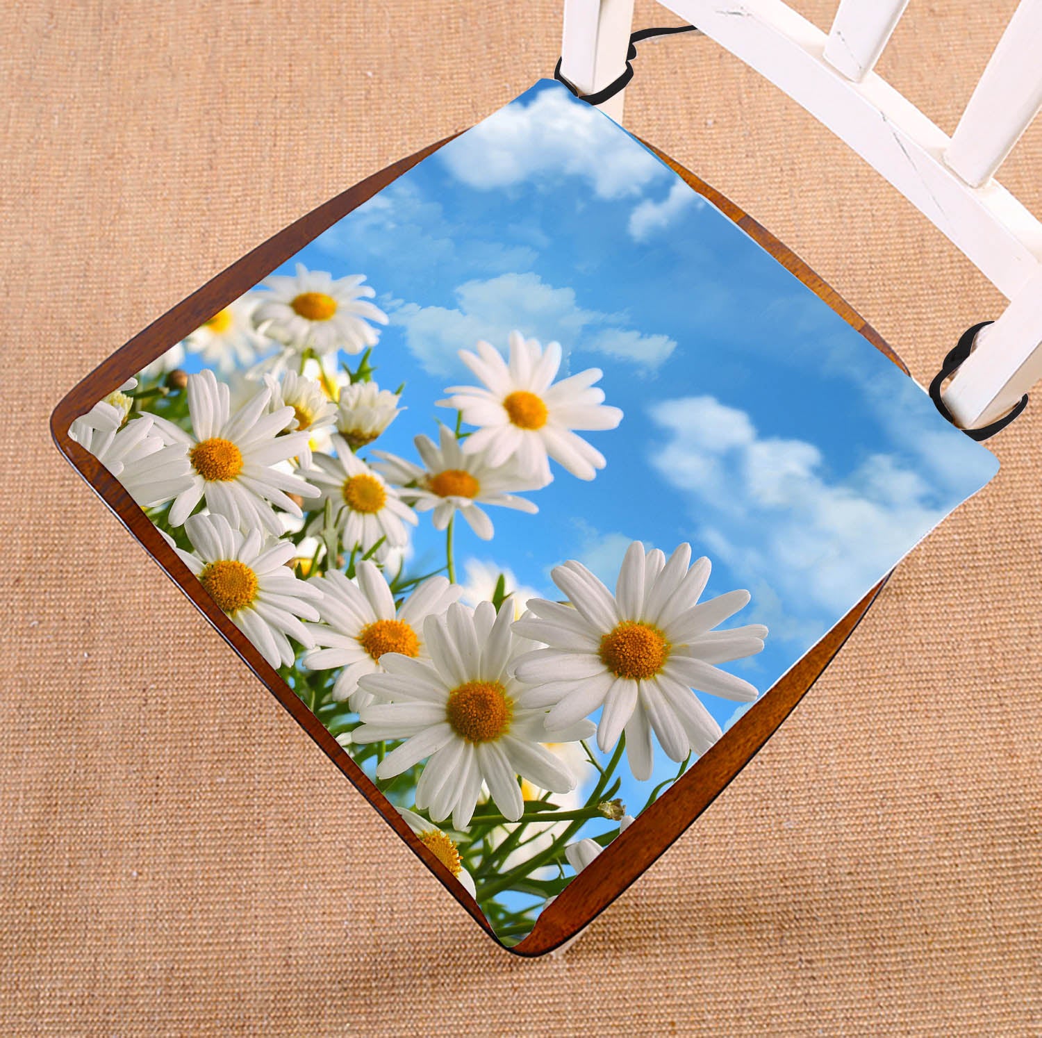 GCKG Elegant Natural Wild White Daisy Flower Field Under The Blue Sky Chair Pad Seat Cushion Chair Cushion Floor Cushion with Breathable Memory Inner Cushion and Ties Two Sides Printing 16x16inch