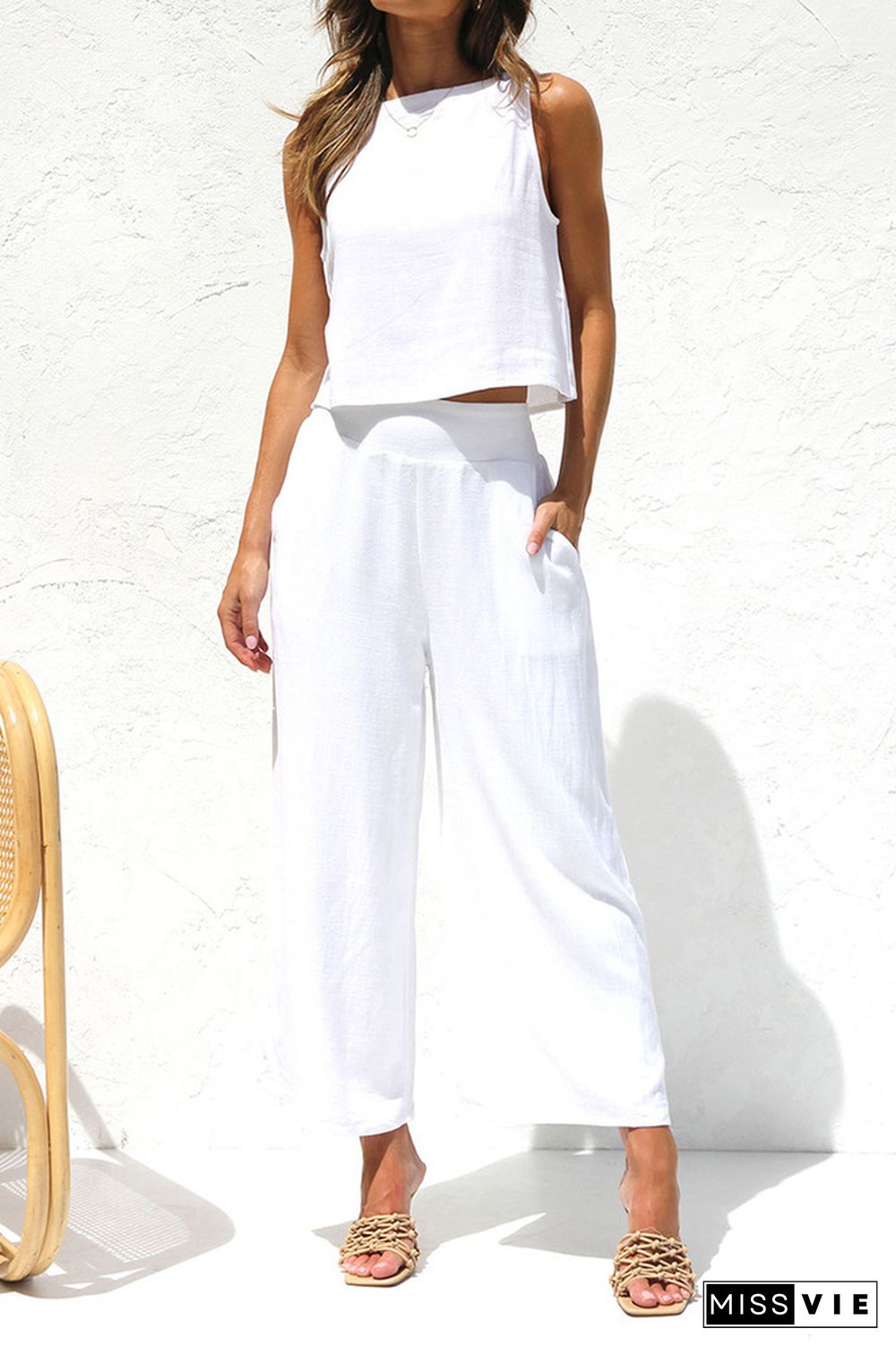 Plain Lien Tank Top With Wide Leg Pants 2pcs Set