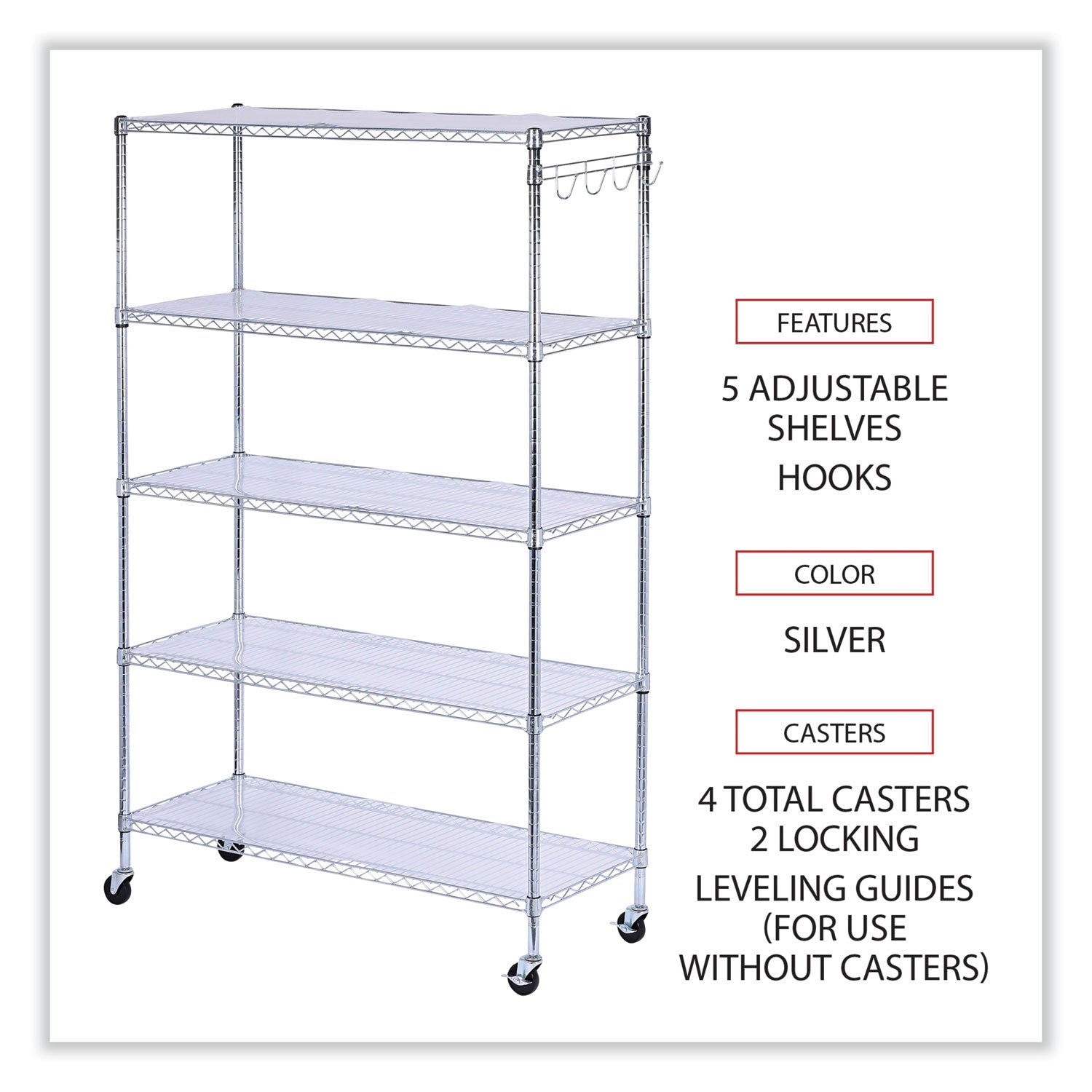 Alera 5-Shelf Wire Shelving Kit with Casters and Shelf Liners, 48w x 18d x 72h, Silver