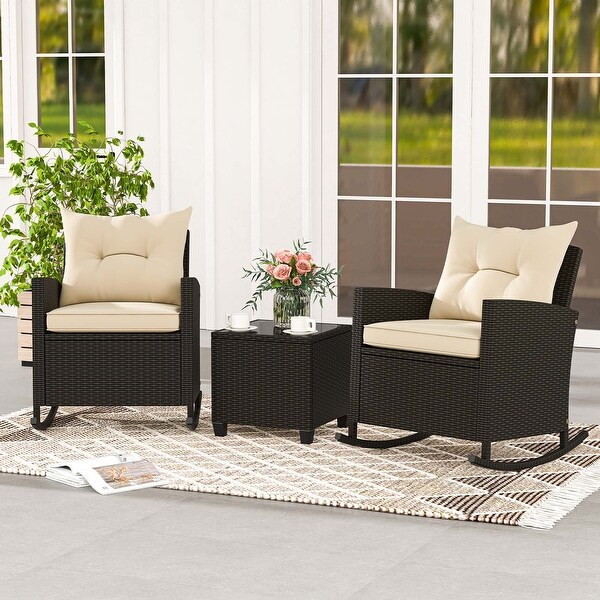 Costway 3 PCS Patio Wicker Rocking Set with Tempered Glass Table and