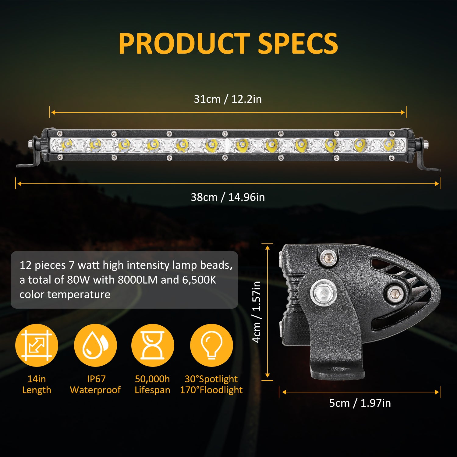 AYMZ LED Light Bar 14 Inch IP67 Waterproof Spot Flood Combo Led Off Road Lights with Wiring Harness Kit-2 Lead