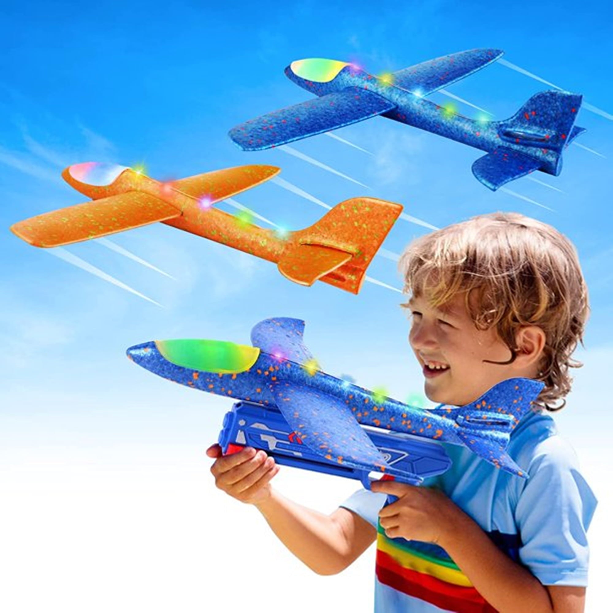 Growsly 2 Pack Flying Airplane Toys with Launcher， LED Light Foam Glider Planes for 3-10 Years Old Kids， Blue and Yellow