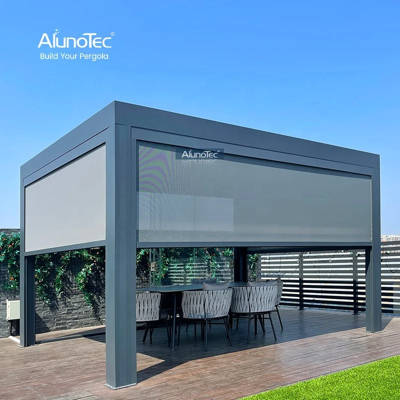 AlunoTec Garden Supplies Automatic Aluminum Pergola Canopy Cover with Motorized Side Screen