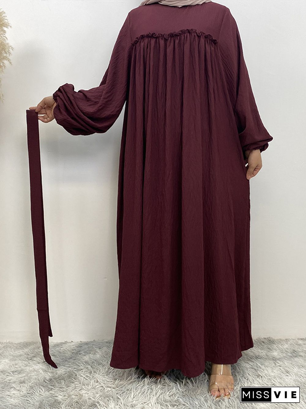 Bishop Sleeve Long Sleeves Elasticity Muslim Pleated Solid Color Split-Joint Tied Waist Round-Neck Maxi Dresses