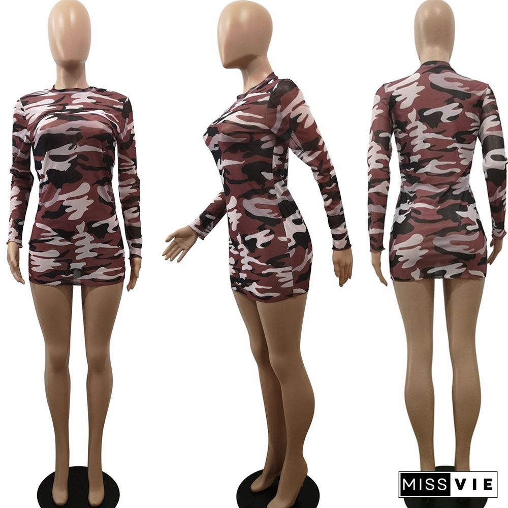 Camouflage Printed Long Sleeves Skinny Mini Dress