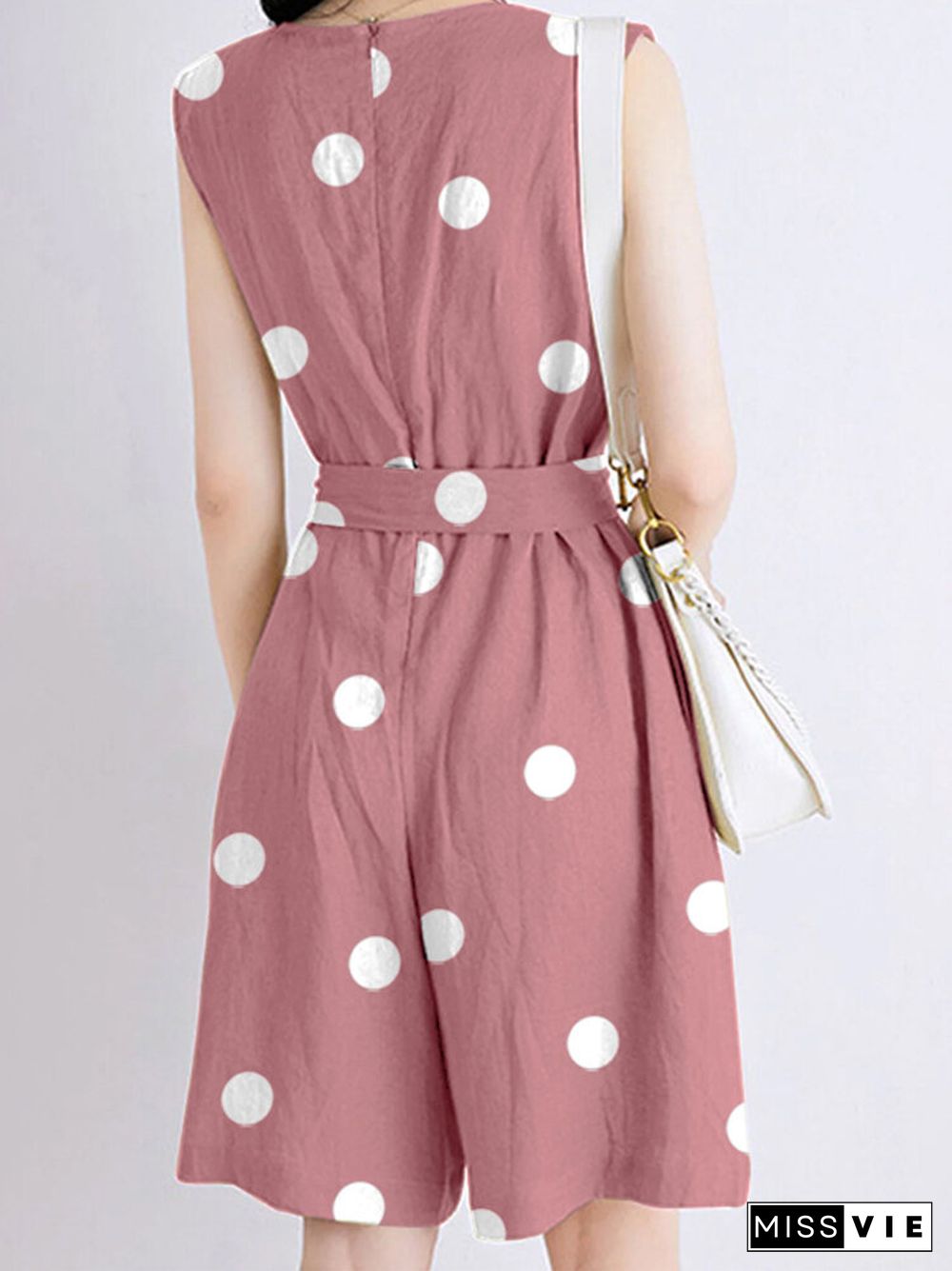 Dot Print Pocket Sleeveless Casual Romper With Belt