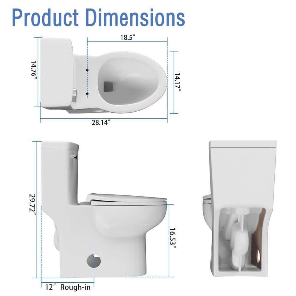 INSTER 1piece 127 GPF Side Lever Handle Single Flush Elongated Toilet in White Include Seat and Lid and Bidet Sprayer