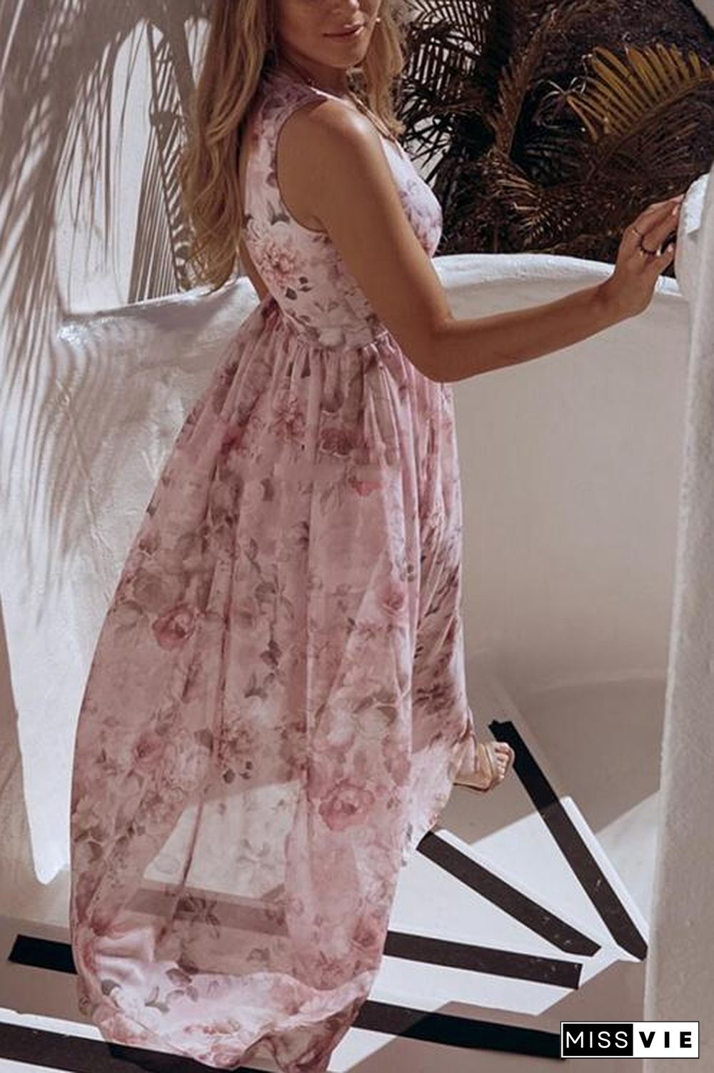 V Neck Floral Print Maxi Dress