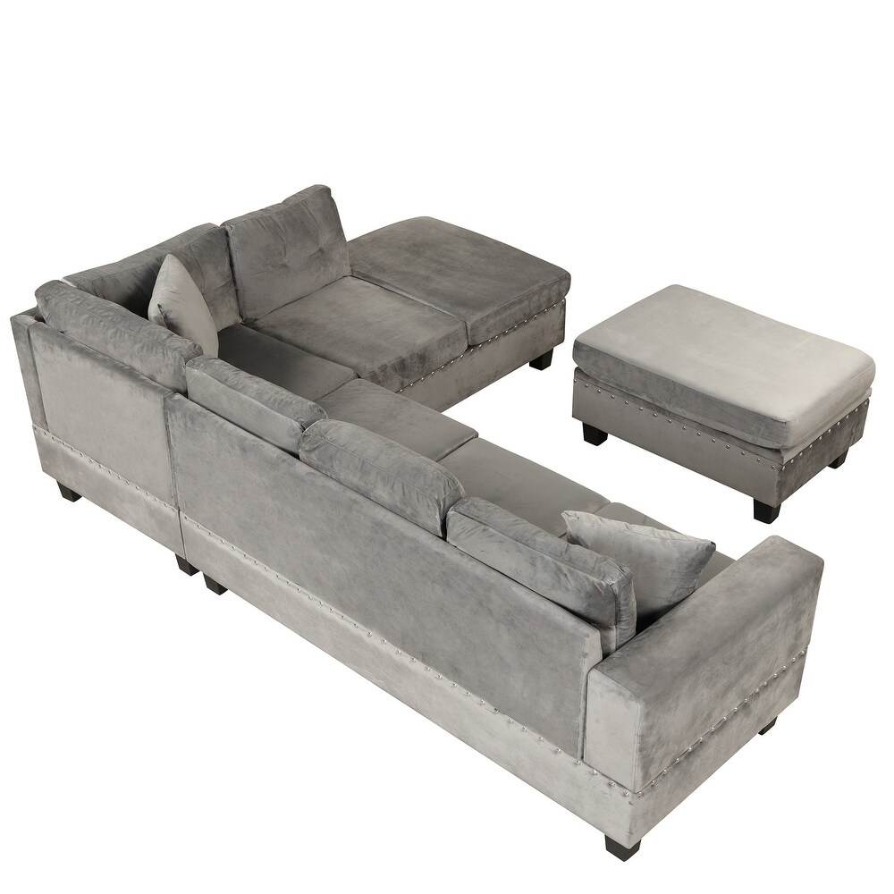 Modern Sectional Sofa with Storage Ottoman and Reversible Chaise L Shape Couch with Pillows and Cup Holder for Living Room  Gray