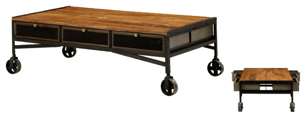 53 quotRectangular Rustic Industrial Coffee Table With Wheels and Drawers   Industrial   Coffee Tables   by Sideboards and Things  Houzz