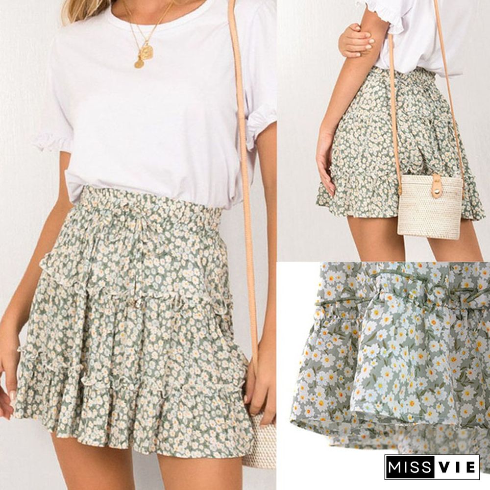 New Women Y2K Sweet Skirts Summer High Waist Falbala Floral Printing Skirts Beach Essential Womens Fashion Mini Skirt