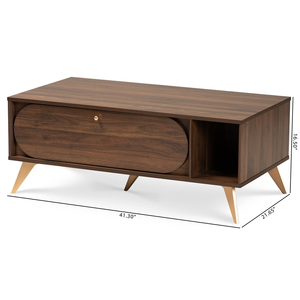 Edel Mid Century Walnut Brown and Gold Finished Wood Coffee Table