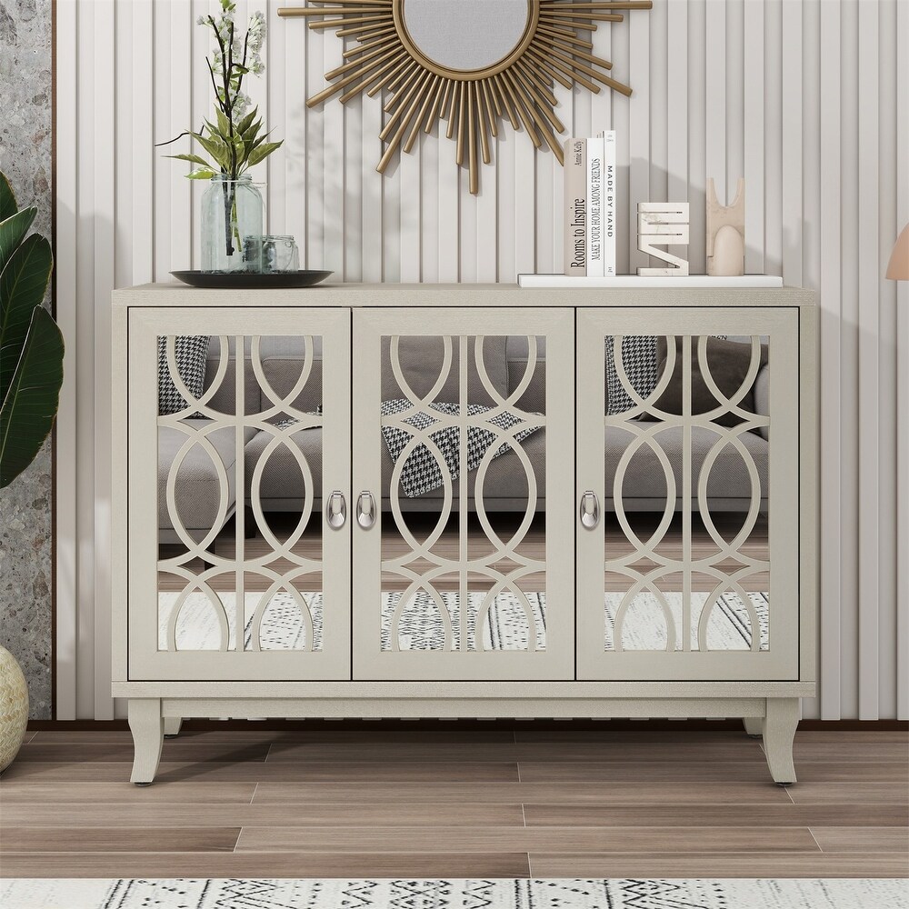 Merax Sideboard with Glass Doors  3 Door Mirrored Buffet Cabinet