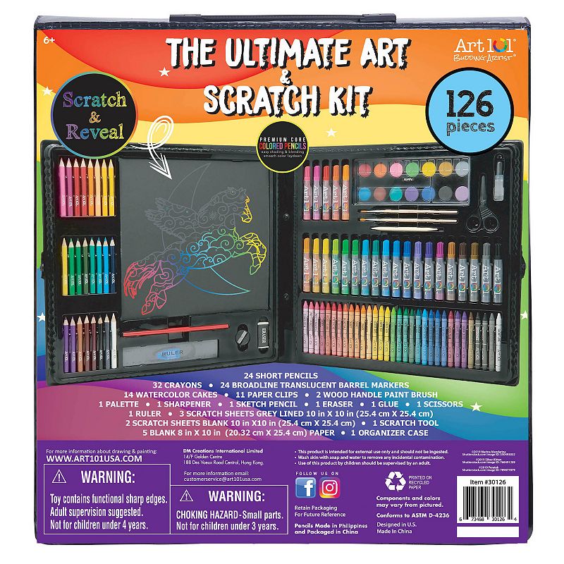 Art 101 Budding Artist Ultimate Art and Scratch Art Kit with 126 Pieces in an Organizer Case