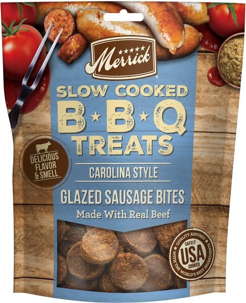 Merrick Slow Cooked BBQ Beef Carolina Style Glazed Sausage Bites Jerky Dog Treats， 10-oz pouch