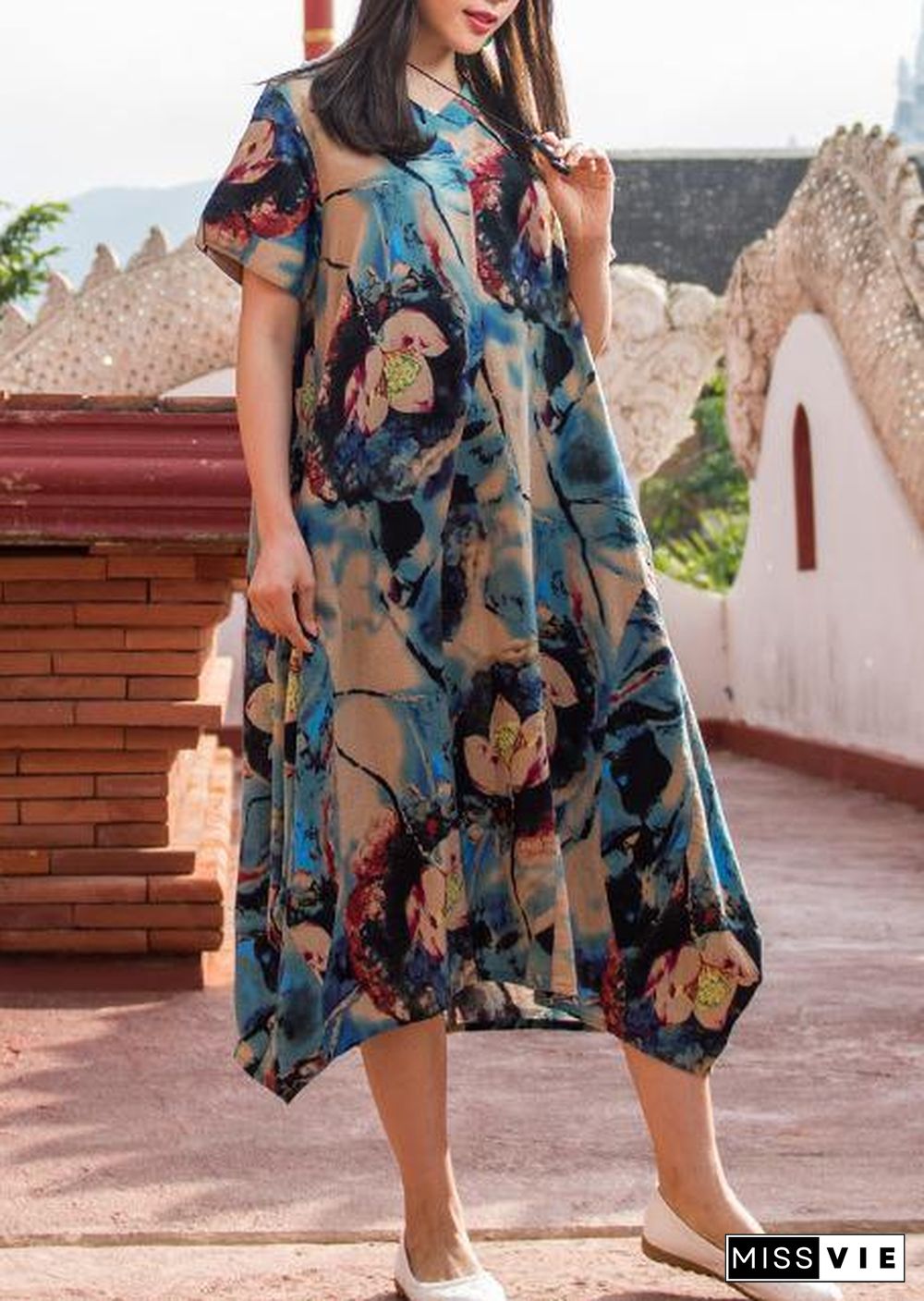 Modern dark blue print v neck asymmetric cotton robes summer Dresses