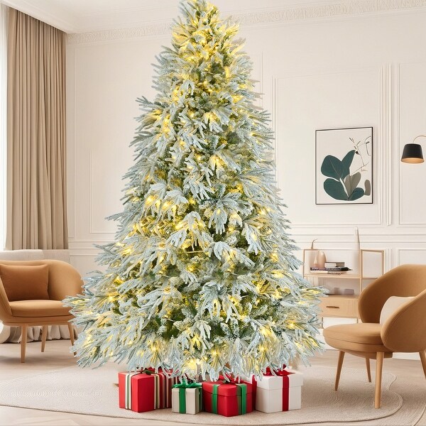 6FT/7.5FT Artificial Snow Flocked Christmas Tree，LED Lights，8 Flashing Modes，Branch Tips，Perfect for Winter Decor